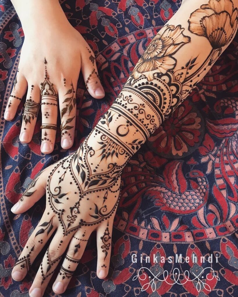 Beautiful Henna designs on hands with intricate floral patterns, set against a colorful patterned cloth background.