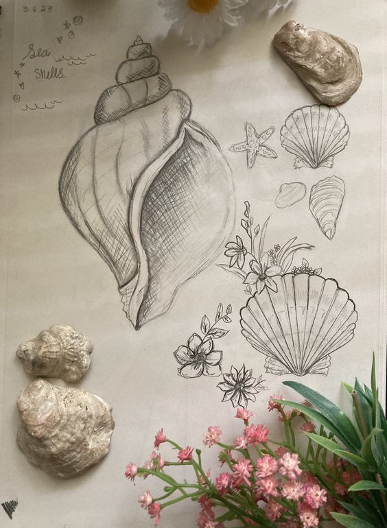Hand-drawn sea shells and flowers, surrounded by real shells and flowers, creating a beach-themed illustration.