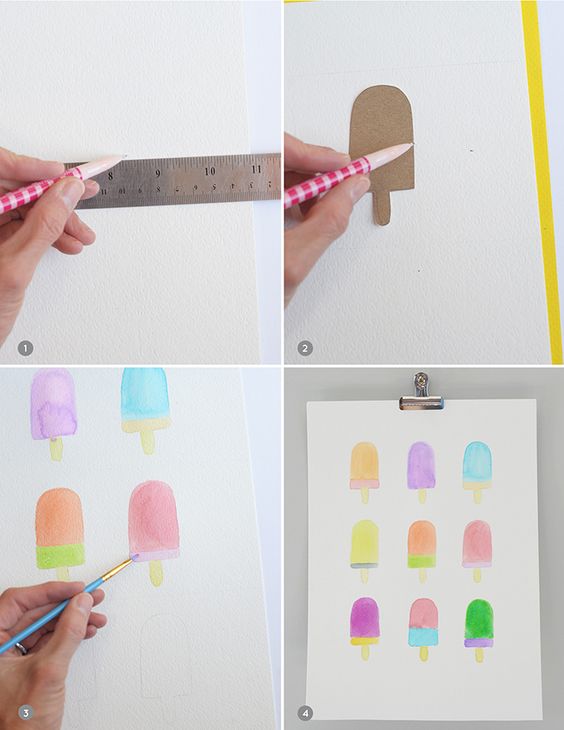Step-by-step watercolor popsicle painting tutorial: measuring, tracing, painting, and final artwork on clipboard.