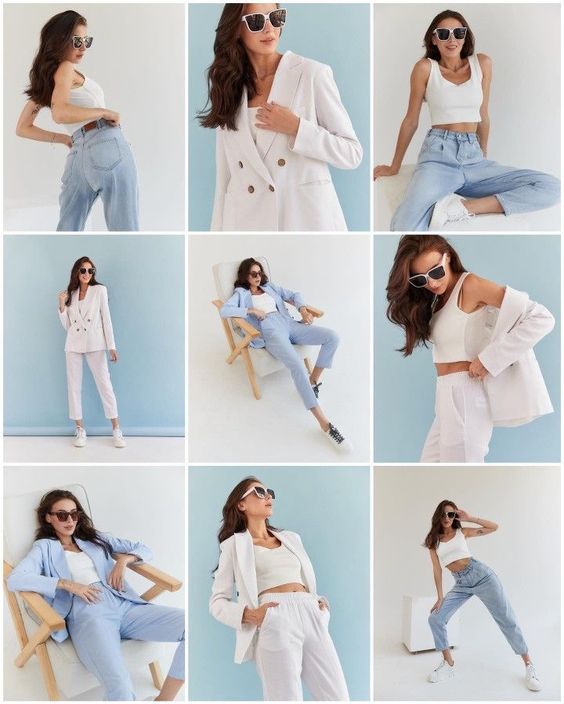 Collage of stylish woman in white blazer, crop top, and jeans posing in various confident fashion looks.