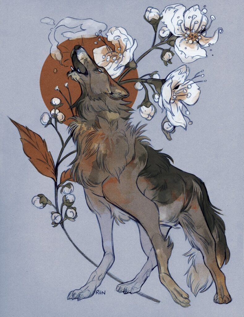 Illustration of a wolf howling with white flowers in the background and a red sun, art by Ren.