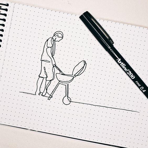 Illustration of a person pushing a baby stroller on dotted paper with a black Artline 200 pen beside the drawing.