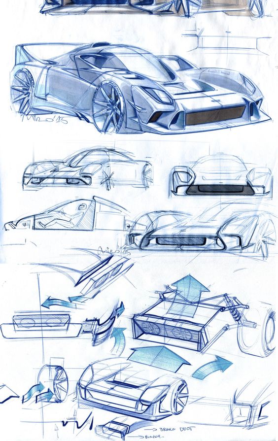 Car design sketches showcasing various angles and details of a futuristic sports car with aerodynamic features.