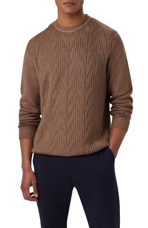 Man wearing a textured brown knit sweater with navy pants, showcasing casual fall fashion for men.