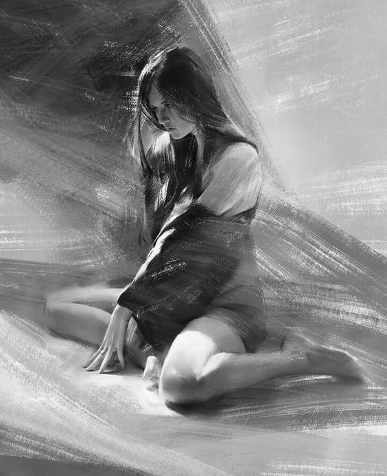 Monochrome painting of a woman in deep thought, sitting gracefully with blurred brushstroke background. Artistic expression.