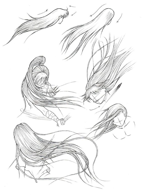 Illustration of various anime hairstyles for female characters, showcasing dynamic flowing hair in different poses and movements.