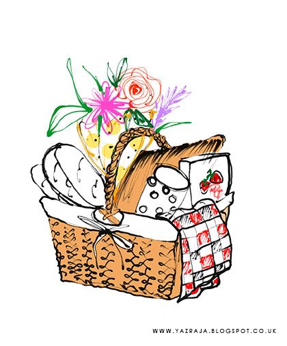 Illustrated picnic basket with bread, cheese, fruit, and flowers. Ideal for summer outings and outdoor gatherings.