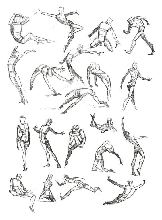 Sketched human figures in various action poses, illustrating dynamic movement and anatomy for artistic reference.