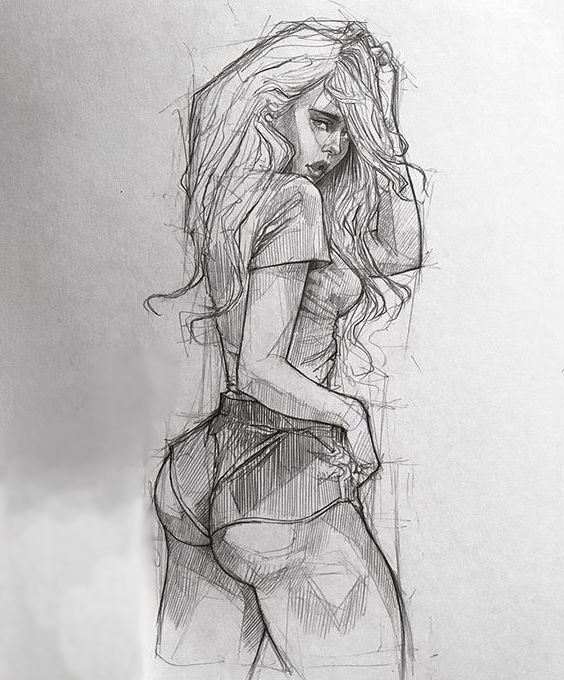 Sketch of a woman with long hair, wearing a t-shirt and shorts, looking over her shoulder in a pencil drawing.