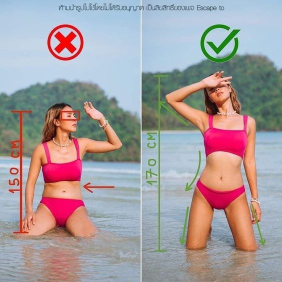 Guide to posing for photos: incorrect sitting pose versus correct standing pose in pink bikini by the beach.