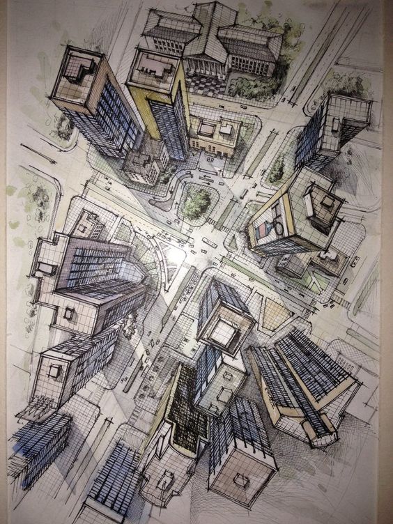 Aerial perspective drawing of a modern city intersection with tall buildings and streets, showcasing urban planning.