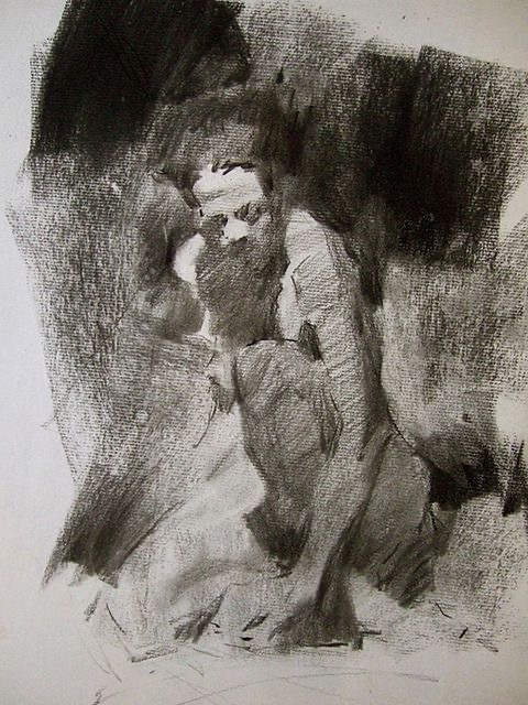 Charcoal sketch of a person crouching, with dramatic shading enhancing the textured and abstract background.