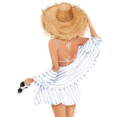 Woman in a striped beach cover-up and sun hat, holding sunglasses, viewed from the back. Summer vacation illustration.
