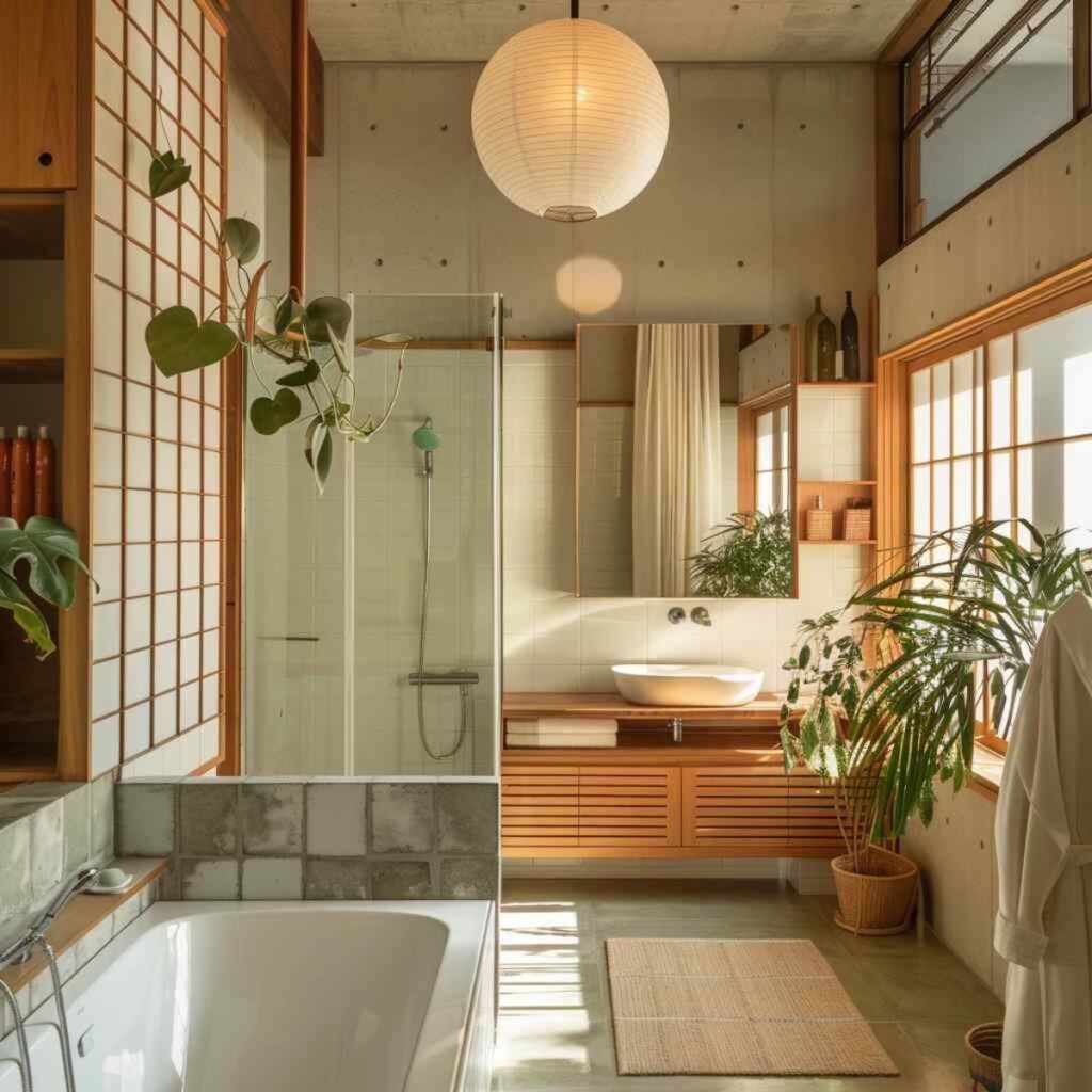 Modern bathroom with natural light, Japanese-inspired design, wooden accents, and lush green plants.