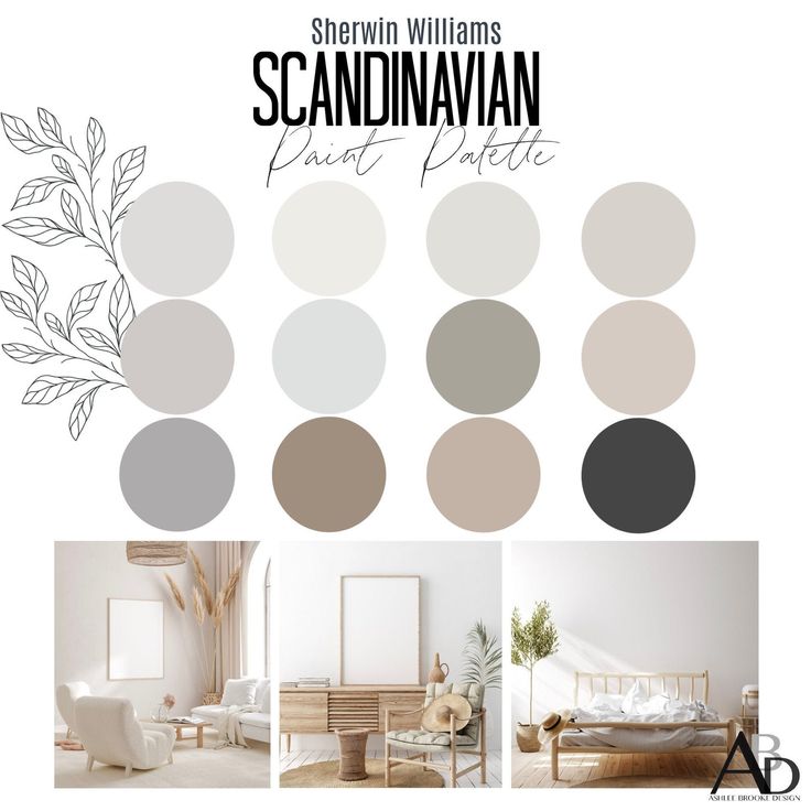 Scandinavian paint palette by Sherwin Williams with 12 neutral shades and examples of minimalist interior design.