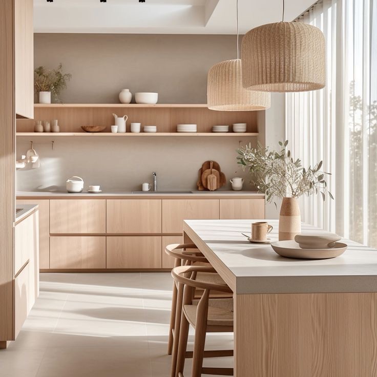 Modern kitchen with light wood cabinets, open shelves, and pendant lights over a kitchen island with stools and decor.