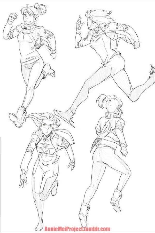 Dynamic anime character sketch in various action poses, showing detailed attire and motion for a concept art design.