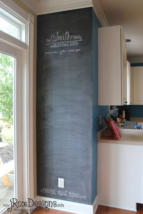 Black chalkboard wall in kitchen corner with Smith family established 2003 written, adjacent to white cabinets and window.