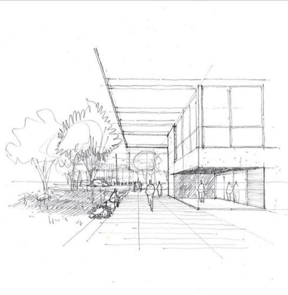 Architectural sketch of a modern outdoor walkway with trees, people walking, and a building featuring large windows.