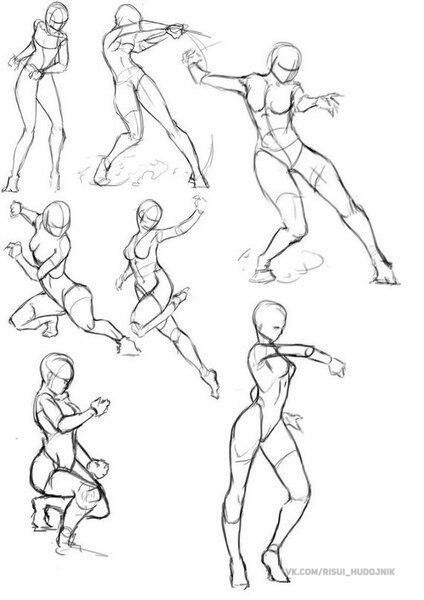 Dynamic pencil sketches of various female poses in action, demonstrating movement and anatomy for artists and illustrators.