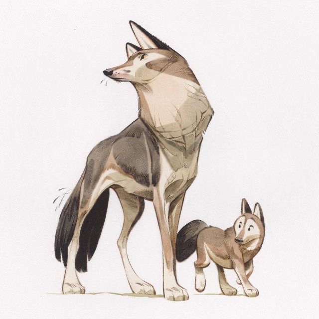 Illustration of a large adult wolf and a small wolf puppy standing together, both looking attentively ahead.