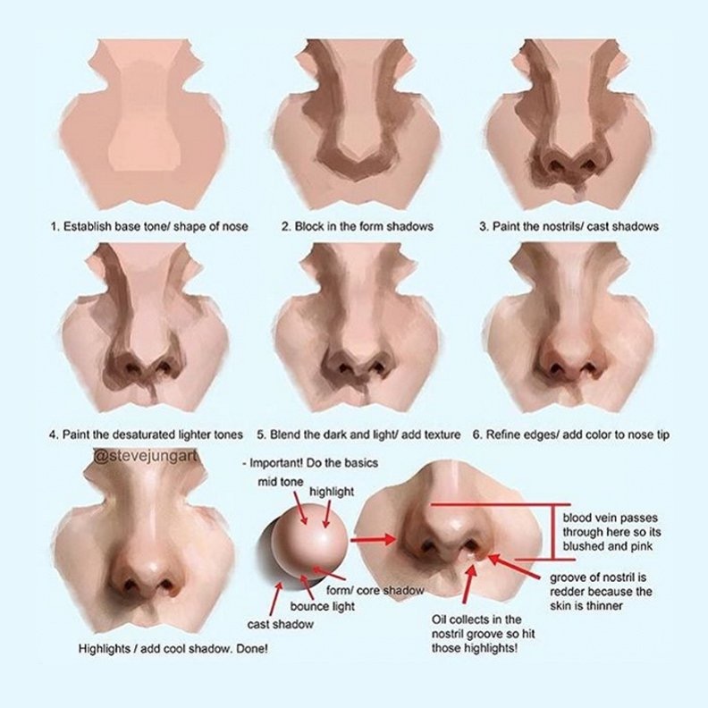 Step-by-step nose drawing guide demonstrating shading and highlighting techniques for realistic digital art painting.