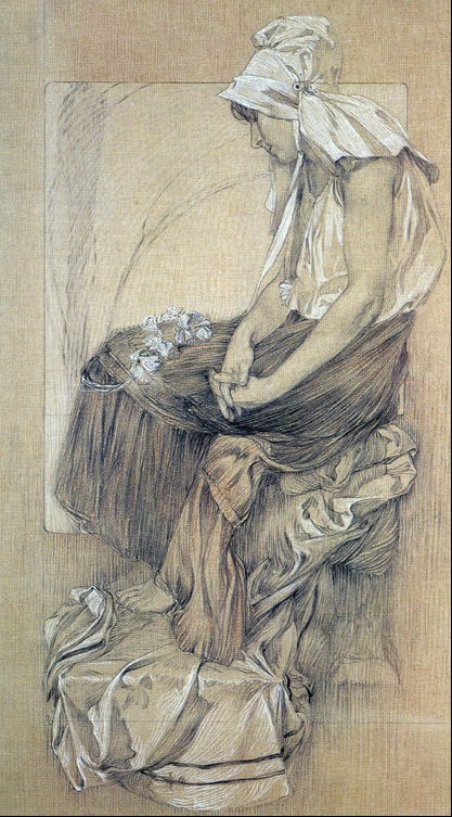 Drawing of a woman in a headscarf, seated, with flowers on a table (1898) by Fernand Khnopff.
