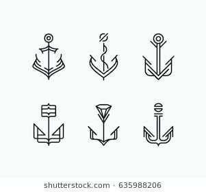 Minimalist anchor icons set, six unique black line-art designs on a white background. Clean and simple nautical vector illustrations.