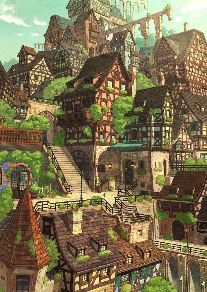 Illustrated medieval town with charming Tudor-style houses, lush greenery, and a whimsical atmosphere.