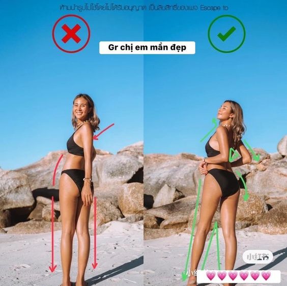 Side-by-side images of a woman posing on the beach, incorrect (left) and correct (right) posture shown.