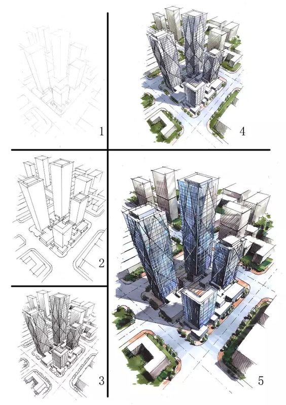 Architectural skyscraper design process from sketch to final rendering, showing four progressive stages of urban planning.