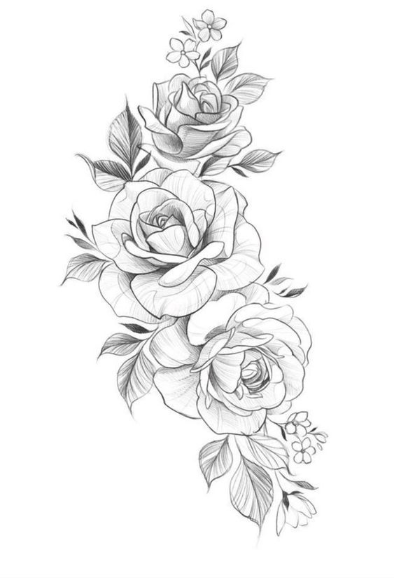 Black and white pencil drawing of blooming roses with detailed leaves and small flowers, perfect for floral tattoo design.