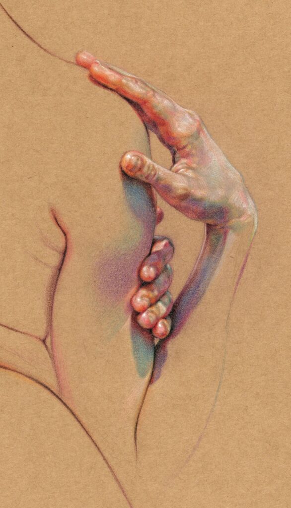 Detailed colored sketch of a hand gripping an arm, showcasing muscles and skin tones on a brown paper background.