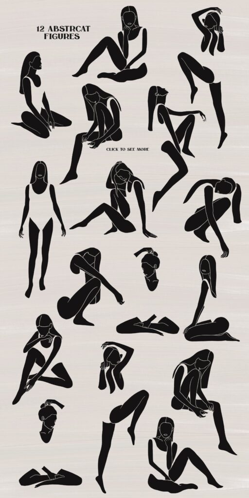 Collection of 12 abstract black female figures in various poses on a beige background, showcasing minimalist art.