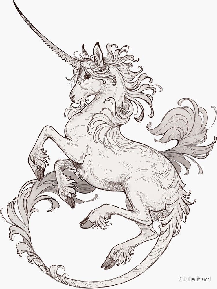 Detailed sketch of a majestic unicorn with flowing mane and tail, rearing on hind legs. Illustration by Giuliabibard.