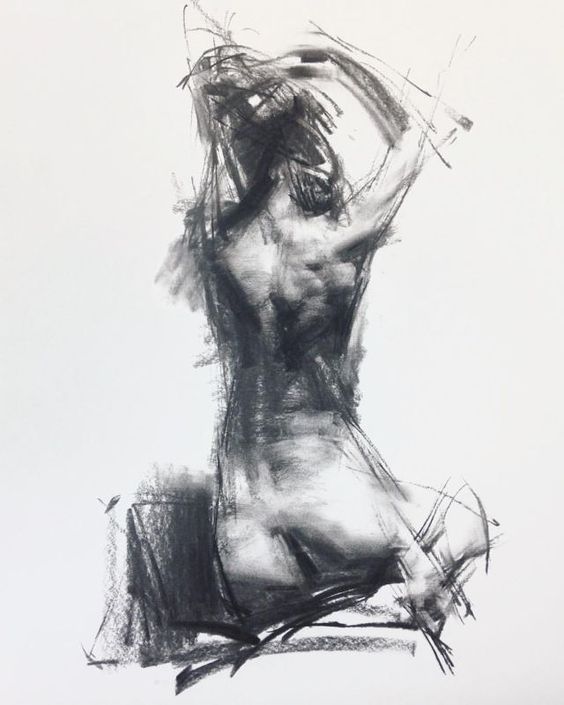 Charcoal sketch of a seated figure with arms raised, showcasing artistic strokes and expressive lines on a white background.