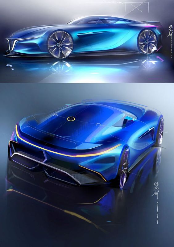 Sleek blue futuristic concept car design with aerodynamic features and modern lighting, viewed from side and rear angles.