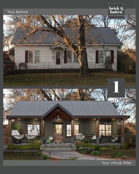 Before and after image of home exterior renovation by Brick & Batten, showcasing enhanced curb appeal with new porch, lighting, and decor.