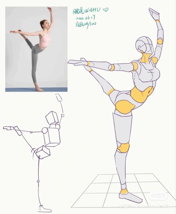 Illustration of a dancer's pose with a reference image and step-by-step sketch process, showcasing artistic technique.