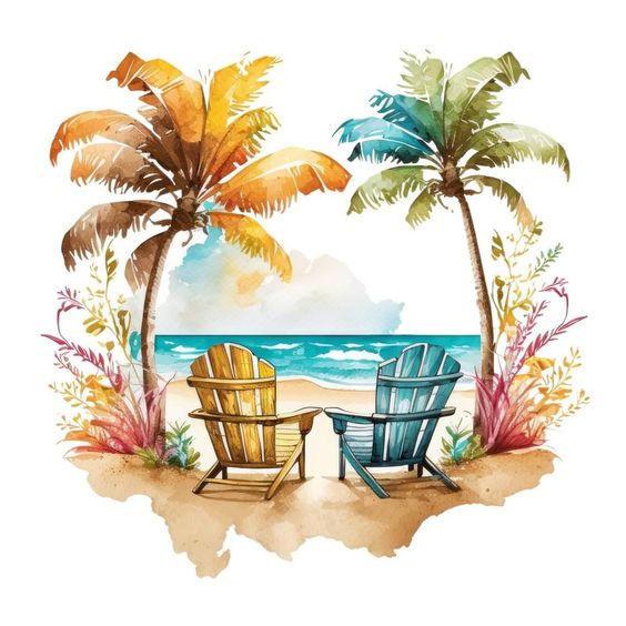 Two colorful beach chairs under palm trees facing a serene ocean view, surrounded by tropical plants.