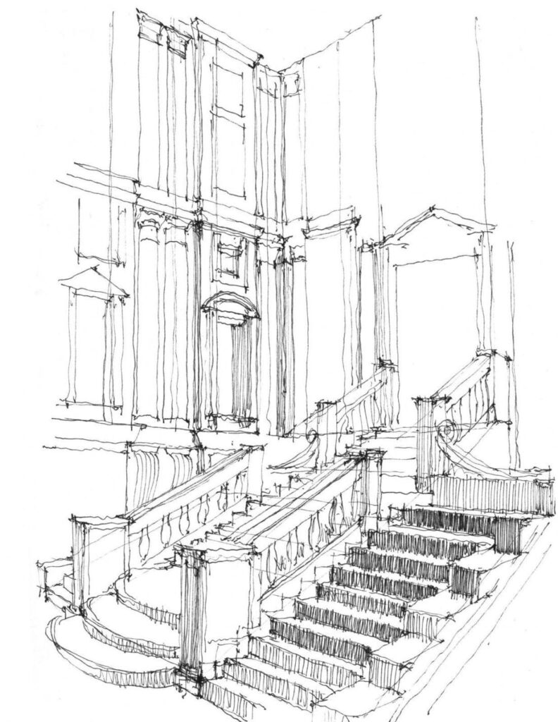 Architectural sketch of a grand staircase with intricate details and railings, leading to an upper level, showcasing classical design.