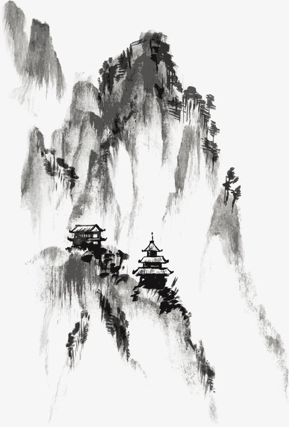 Black ink wash painting depicting traditional Asian mountains and pagoda structures. Zen art landscape.