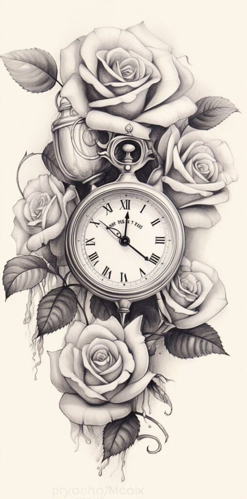 Vintage pocket watch surrounded by detailed roses and leaves, intricately sketched in black and white.