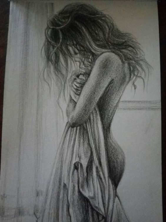 Charcoal drawing of a woman with wavy hair, secluded and hugging a cloth, conveying a sense of intimacy and emotion.