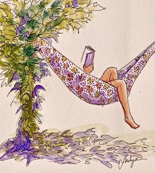 Watercolor painting of a person relaxing in a floral hammock, reading a book under a leafy tree; peaceful outdoor scene.