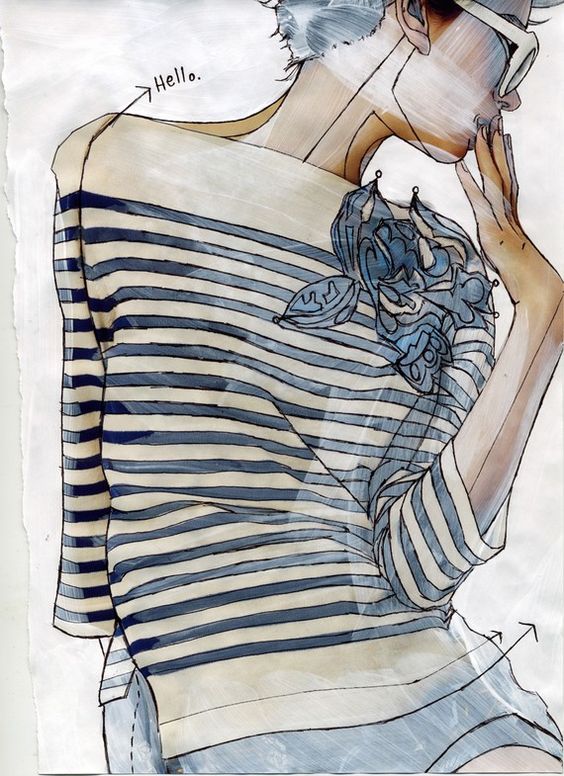 Illustration of a stylish woman in striped shirt and sunglasses, with Hello written near her. Trendy and artistic.