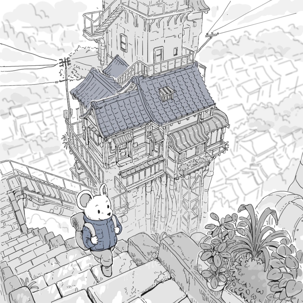 Mouse character exploring ancient, detailed house on cliffside stairs, intricate rooftop and architectural details.