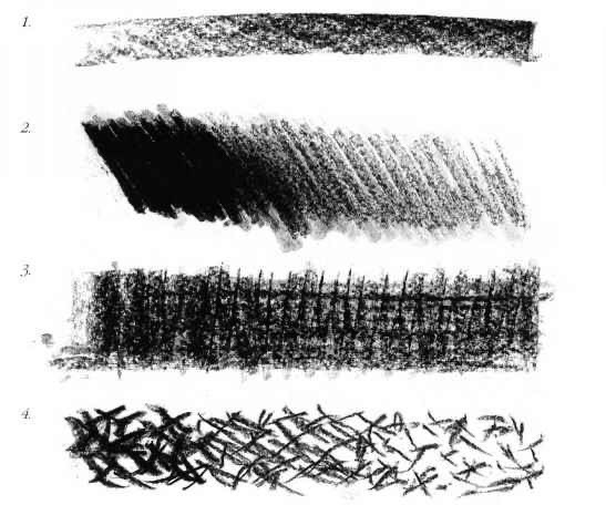 Four different charcoal shading techniques displayed in horizontal sections as examples for artists.