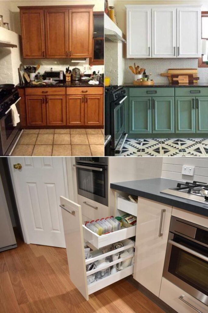 Kitchen renovation ideas: before and after cabinet transformation and innovative storage drawer for organization.