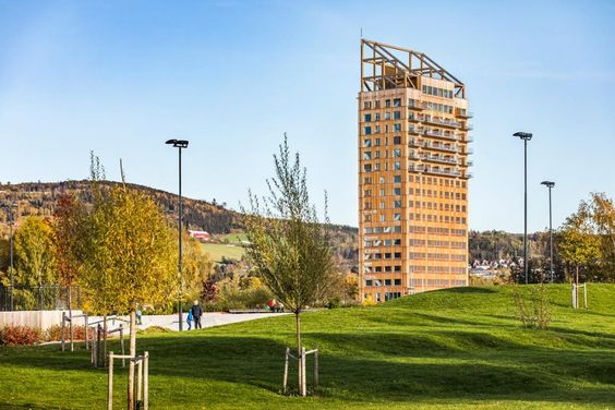 Modern wooden high-rise building surrounded by lush green parkland with trees and lampposts, under a clear blue sky.